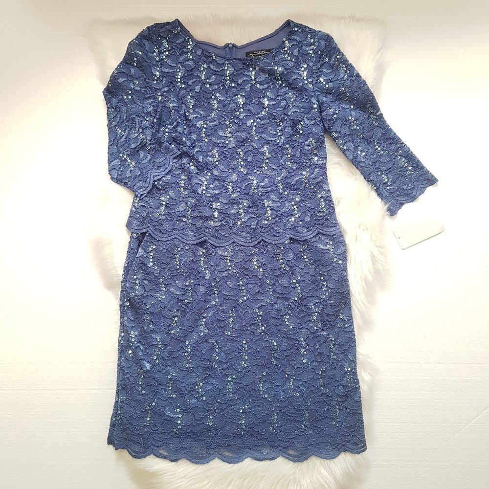 ALEX EVENINGS Sequined lace Blue Midi Dress 10P